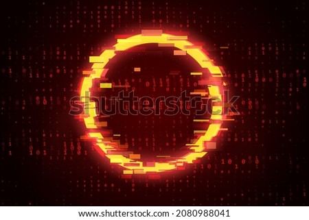 Glitched Circle Attention Symbol. Red Binary Glitch Screen Background. Computer Hacked Error Concept. Vector Illustration.