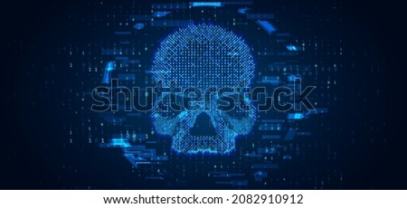 Digital Blue Skull. System Hacking Attack. Online Security and Safety Concept. Glitch Binary Digits Skull Malware Sign. Data Breach. Computer Hacked Error Concept. Vector Illustration.