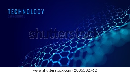 Graphene Technology Science 3D Background. Nanotechnology Honeycomb Lattice Nanostructure. Abstract Science Particles. Blue Network Connection Concept. Futuristic Honeycomb Concept. Vector Illustratio