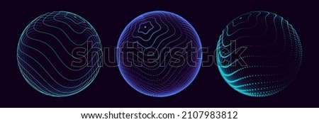 Abstract 3D Spheres of Neon Dots and Stripes. Global Network Connection. Abstract Globe Grid. Worldwide Communication Concept. Science and Technology Abstract Vector Illustration.