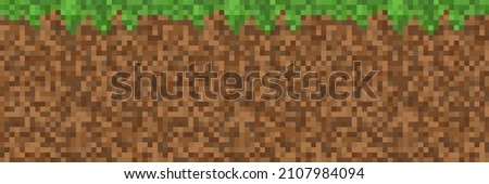 Pixel Style Game Dirt and Grass Block Vector Texture. Game Ground Pixelated Seamless Background. Minecraft Style Vector Illustration. 8-bit Pixel Art.