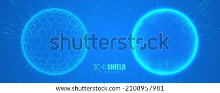 Geometric Dome Shield on a Blue Background. Futuristic Glowing Protection 3D Sphere. Technology Style HUD Design Element. Hexagon Force Field Shield. Vector Illustration. Digital Security Concept.