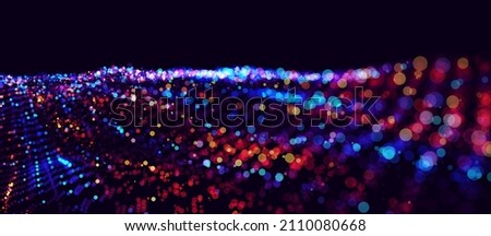 Abstract Colorful City Lights Bokeh Effect. Science Fiction Background of Glowing Particles with Depth of Field and Bokeh Effect. Particles Surface Grid. Microcosm or Space. Vector Illustration.