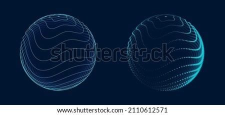 Abstract 3D Spheres of Neon Dots and Stripes. Global Network Connection. Abstract Globe Grid. Worldwide Communication Concept. Science and Technology Abstract Vector Illustration.