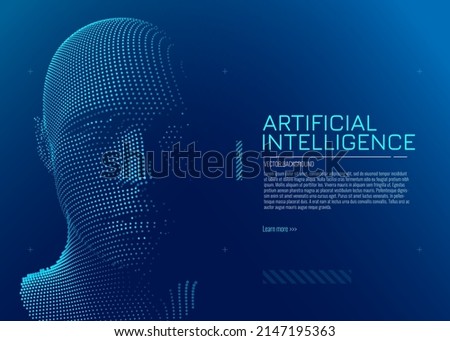 AI. Artificial Intelligence Concept. Abstract Digital Particles Human Face. Robotics Concept. Point Cloud Particles Wireframe Head Science Fiction Concept. Vector Illustration. Deep Learning Art.