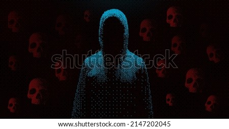 Hoodie Hacker Crime Banner. 8 bit Pixel Art Style Player is Dead Game Screen. Dark Faceless Reaper Hacker in the Hood. Flying Skulls Vector Illustration. Unknown Man Hacker.