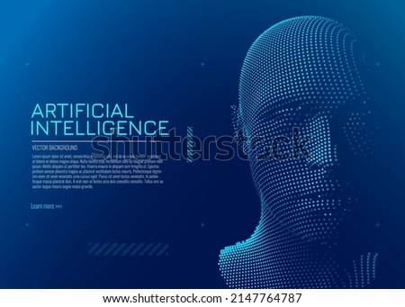 AI. Artificial Intelligence Concept. Abstract Digital Particles Human Face. Robotics Concept. Point Cloud Particles Wireframe Head Science Fiction Concept. Vector Illustration. Deep Learning Art.