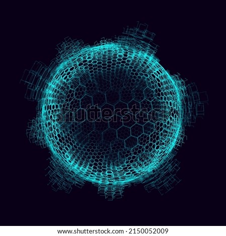 Glitched Cyberpunk 3D Hexagon Sphere. 3D Globe Geometry for Retrowave Vaporwave Sci-fi Style HUD Design. Vector Illustration.