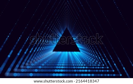 Triangle Frame Border Blue Lights DJ Party Flyer Background. Triangle Tunnel Big Data Backdrop. Abstract Blue Digital Background. Computer Trianglular Tunnel Technology Vector Illustration.
