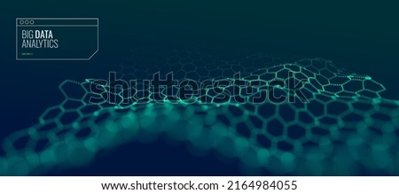 Graphene Technology Science 3D Background. Nanotechnology Honeycomb Lattice Nanostructure. Abstract Science Particles. Blue Network Connection Concept. Futuristic Honeycomb Concept. Vector Big Data.