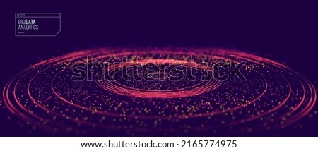 Abstract Digital Circles of Particles. Futuristic Circular Sound Wave. Big Data Visualization. 3D Virtual Space VR Cyberspace. Crypto Currency Blockchain Concept. Vector Illustration.