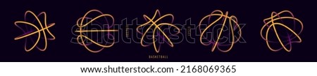 Basketball Neon 3D Balls Symbols Set. Basketball Neon Sport Logo Signs. Wireframe Particles Illustration. Abstract 3D Sphere Sport Design. Futuristic Style. Vector Background.