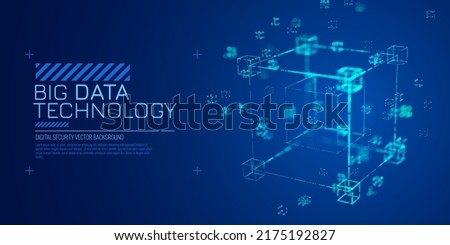Big Data Cube Quantum Computer Server Concept Background. Light Dots with Depth of Field Effect. Data Sorting. Business Server Security Artificial Intelligence HUD Design Element.