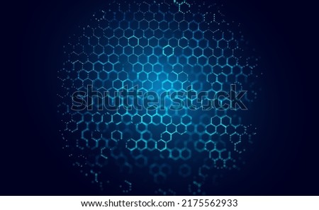 Technology or Science Abstract Blue Hexagonal Grid Background. Molecular Network of Hexagons Connected. Chemical Network. Carbon Nanomaterials Nanotechnology Concept. Vector Illustraion.