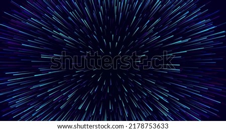 Science Fiction Space Travel, Hyper Warp, Teleport, Hyper Speed of Light Jump Effect Concept. Abstract Circular Geometric Background. Vector Speed Lines Stars Illustration.