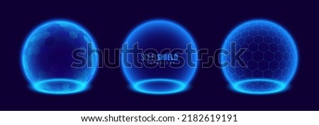 Set of Geometric Dome Shields. Futuristic Glowing Protection 3D Sphere. Technology Style HUD Design Element. Hexagon Force Field Shield. Vector Illustration. Digital Security Concept.