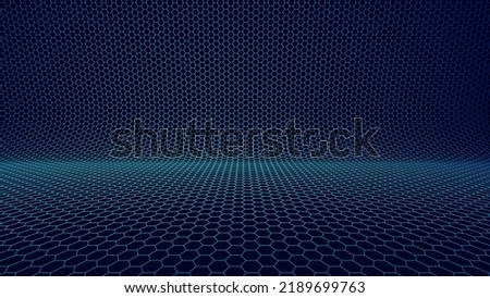 Blue Hexagon Grid In Perspective. Colorful Abstract Technology Background. Molecular Network of Hexagons Connected. Chemical Network. Carbon Nanomaterials Nanotechnology Concept. Vector Illustration.