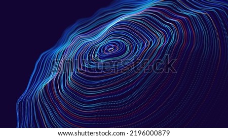 Digital Wave Particles Grid Big Data Background. Spreadint Sound Waves Circles. Streaming Data. Futuristic Circular Sound Wave. Big Data Visualization. 3D Virtual Space VR Cyberspace. Vector.