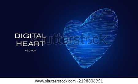 3D Digital Heart Object Made of Light Particles with Trails. Cardiology Concept Banner. Wireframe Low Poly Style Heart Sign. World Heart Day. Modern Technology 3D Vector Illustration.