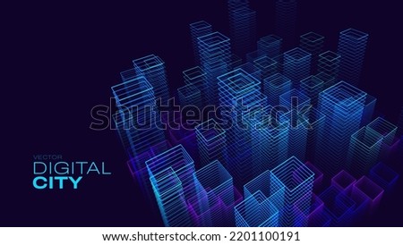 Smart Digital City Concept. Urban Architecture High Towers Concept of the Future City. Virtual Reality Abstract Digital Buildings. Modern Technology Vector Illustration.