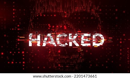 HACKED. Online Business Data Breach. Hacker News. Network DDOS Cyber Crime Concept. Abstract Digital Background. Skull Sign over Binary Programming Code. Vector Illustration.