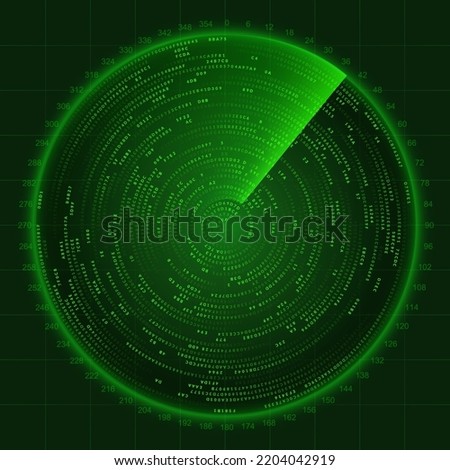 Green Radar with Targets. Red Enemy on Radar Sonar Screen. Sci Fi Technology HUD UI Design Element. Military Game Radar Concept. Vector Illustration in Matrix Style.