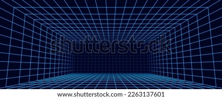 3D Wireframe Perspective Lines Room Background. Vector Perspective Grid. Digital Cyberspace.