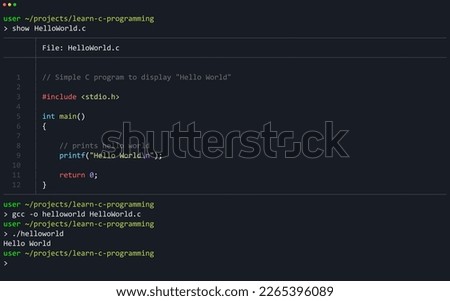 Hello World Simple C Program. C Programming Language in Terminal. Unix Command Line Background.