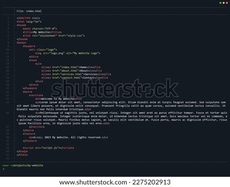 Simple Website HTML Code with Colorful Tags in Code Editor on Dark Background. Vector Illustration. Software Web Developer Programming Education Concept Background.