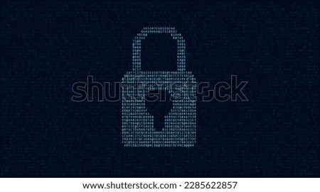ASCII Art Digital Lock Icon Made from Random Letters and Numbers. Dark Binary Code. Concept of Password Protected Digital Data. Hacker Attack Database Leak Information. Cyber Security Vector. 