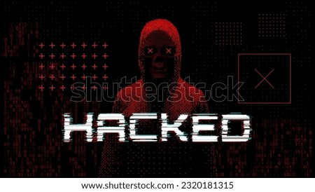 Hacker Silhouette On Dark Red Glitched Background. System Hacking Attack. Online Security and Safety Concept. Glitch 3D Skull Mesh Malware Attention Sign. Computer Hacked Error Concept. Vector.