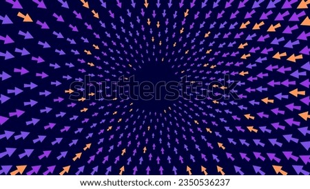 Purple and Orange Arrows Pointing to the Center Background. Dynamic Arrow Symbols. Focus on Your Goal Target. Focus Concept. Converging Radial Lines Design Element. Arrows Pattern Vector Illustration