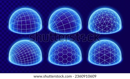 Blue Geometric Dome Shields on Transparent Background. Futuristic Glowing Protection 3D Cyber Sphere. Technology Style HUD Design Element. Vector Illustration. Digital Security Concept.