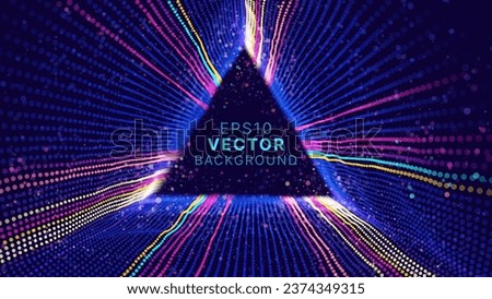 Triangle Frame Border Blue Lights DJ Party Flyer Background. Triangle Tunnel Big Data Backdrop. Abstract Blue Digital Background. Computer Triangular Tunnel Technology Vector Illustration.