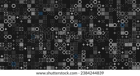 Abstract Pixel Symbols Vector Pattern. Geometric Retro Computer Game Style Texture. Generative Art Tech Vector Illustration. Grid of Pixel Shapes.