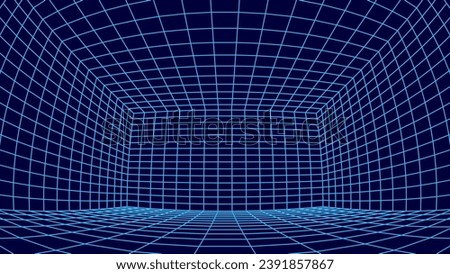 Synthwave Grid VR 3D Room with Fisheye Lens Effect. Grid Frame Retrowave Party Flyer Background. Abstract Digital Background. Vintage Computer Virtual Reality VR Tunnel Technology Vector Illustration.