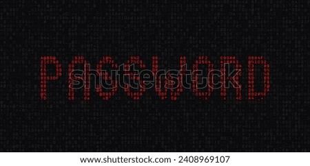 ASCII Art PASSWORD Word Made from Random Letters and Numbers. Dark Binary Code. Concept of Password Protected Digital Data. Hacker Attack Database Leak Information. Cyber Security Vector.