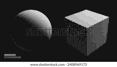 Abstract Graphic Design 3D Forms Elements. Trendy Shapes Sphere and Cube with Bitmap Raster Dithering Effect. Y2K Geometric Shapes. Brutalist Design. Vector Dither Gradient Effect.