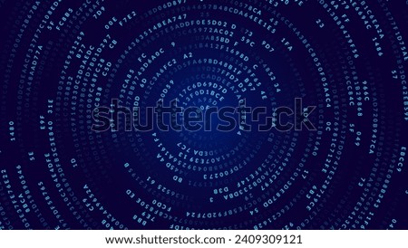 Blue Abstract Matrix Vortex Technology Background. Binary Computer Code Dynamic Spiral. Programming, Coding, Hacker Concept. Binary Numbers Moving in Spiral. Vector Illustration. Sci-fi Background.