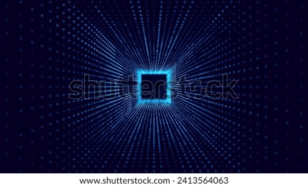 Square Frame Border Blue Lights DJ Party Flyer Background. Rectangle Tunnel Big Data Backdrop. Abstract Blue Digital Background. Computer Digital Tunnel Technology Vector Illustration.