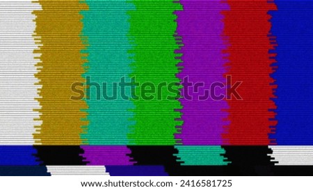 TV Test Card with Rainbow Bars. Retro Hardware Screen 1980. Glitch Art Static Noise. Broken TV Transmission. Vector Illustration.