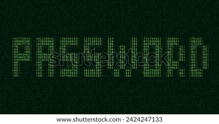 ASCII Art PASSWORD Word Made from Random Letters and Numbers. Dark Binary Code. Concept of Password Protected Digital Data. Hacker Attack Database Leak Information. Cyber Security Vector.