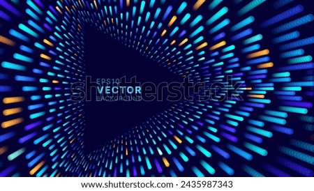Triangle Frame Border Blue Lights DJ Party Flyer Background. Triangle Tunnel Big Data Backdrop Data Flow Particles Moving with Trails. Vector Illustration.