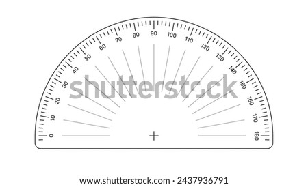 Round Meter Scale Isolated on White Background. Measuring Half Circle Scale in Flat Style. 180 Degrees Circular Ruler Template. Protractor Grid. Vector Illustration.