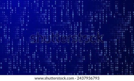 Abstract Blue Binary Software Programming Code Background. Random Parts of Program Code. Digital Data Technology Concept. Random Binary Data Matrix Wide Vector Illustration.