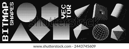 Abstract Y2K Graphic Design 3D Forms Elements. Trendy Shapes Sphere, Torus, Cube with Bitmap Raster Dithering Effect. Y2K Geometric Shapes. Brutalist Design. Vector Dither Gradient Effect.