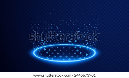Level Up and Healing Aura Game Effect. Plus Signs Lighting and Bright VFX Aura. Glowing Neon Energy. Teleport Circle Effect. Vector Illustration. 