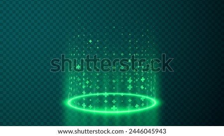 Level Up and Healing Aura Game Effect. Plus Signs Lighting and Bright VFX Aura. Glowing Neon Energy. Teleport Circle Effect. Vector Illustration. 