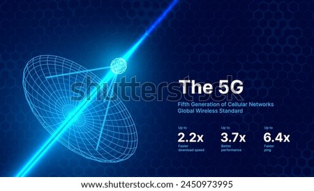 Large Satellite Dish Antenna. Digital Signal from Space. Equipment for Satellite TV Radio Broadcasting 5G LTE WIFI Internet. Radio Signal. Hi-Tech Background. Vector Illustration.