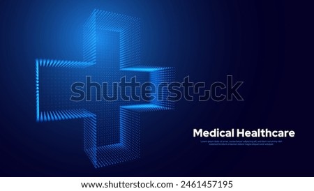 3D Blue Digital Wireframe Grid Plus Sign Background. Lines and Dots Aid and Health Care for Hospital Emergency Banner. Medical Symbol of Emergency Help. 3D Math Plus Vector Illustration.